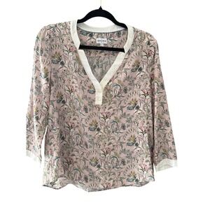 Brora Silk Floral Blouse Pink Botanical V-Neck 3/4 Sleeve Top Size 16 100% Silk